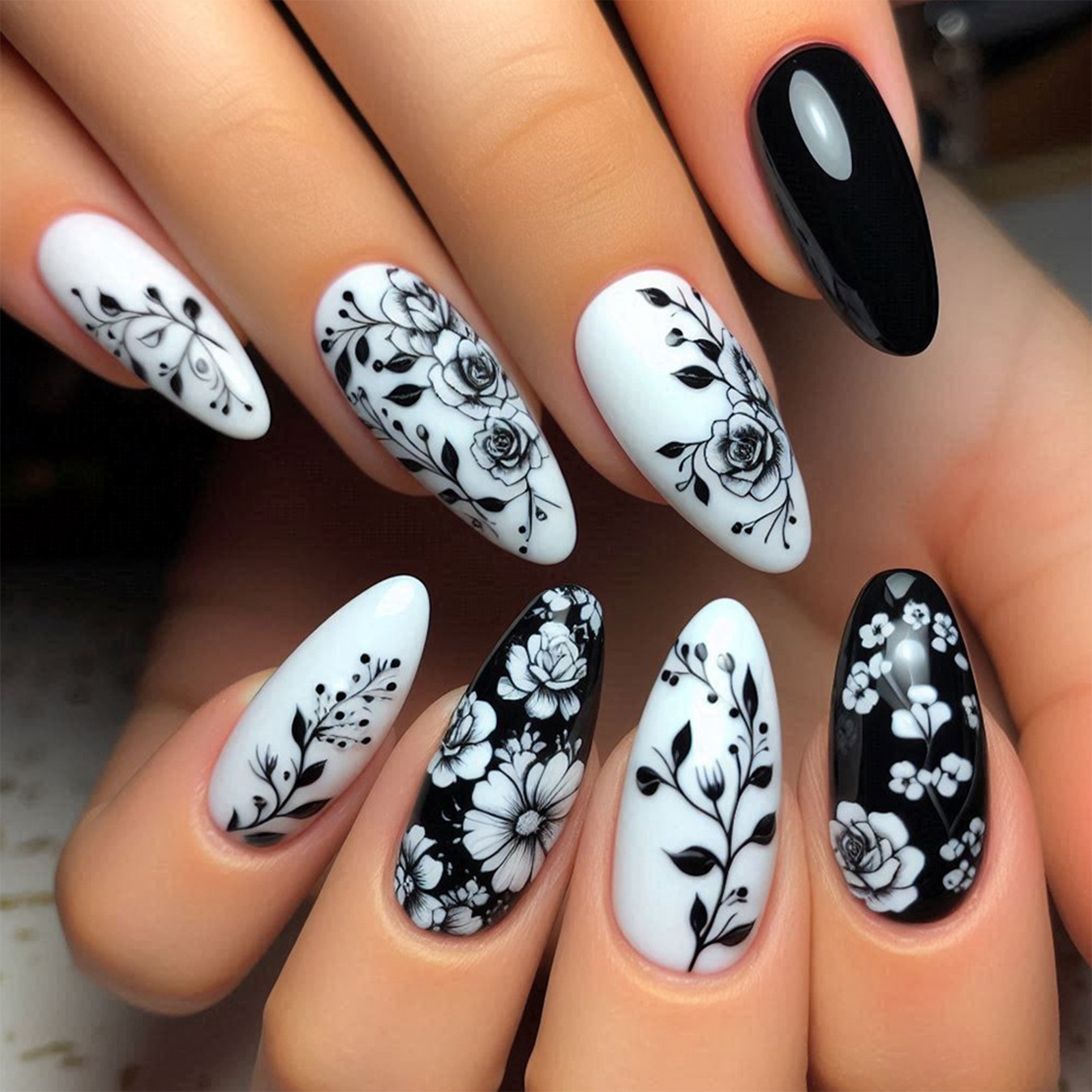24Pcs Almond Fake Nails Black/ – обзор и цена Pressed Flower Art