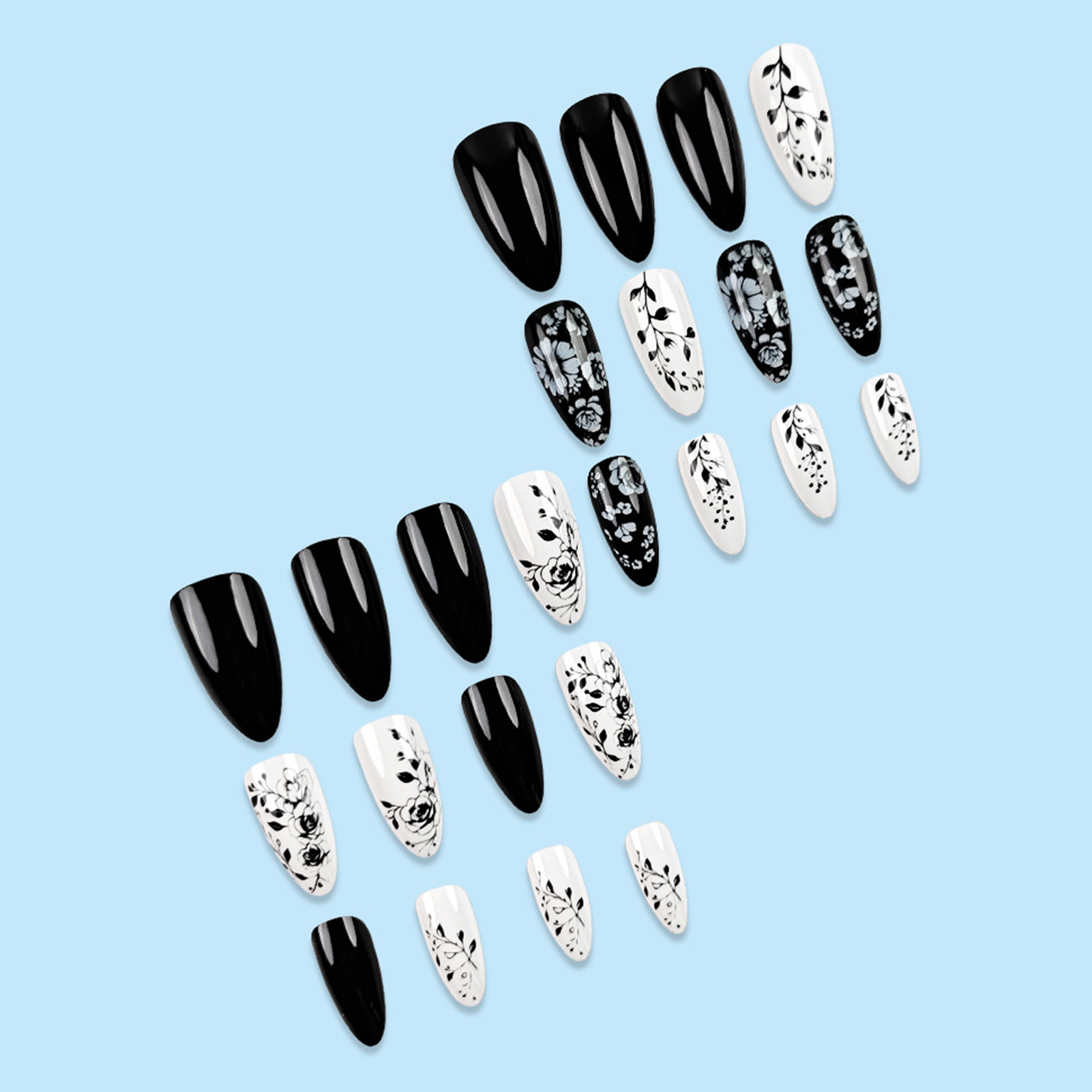 24Pcs Almond Fake Nails Black/ – обзор и цена Pressed Flower Art