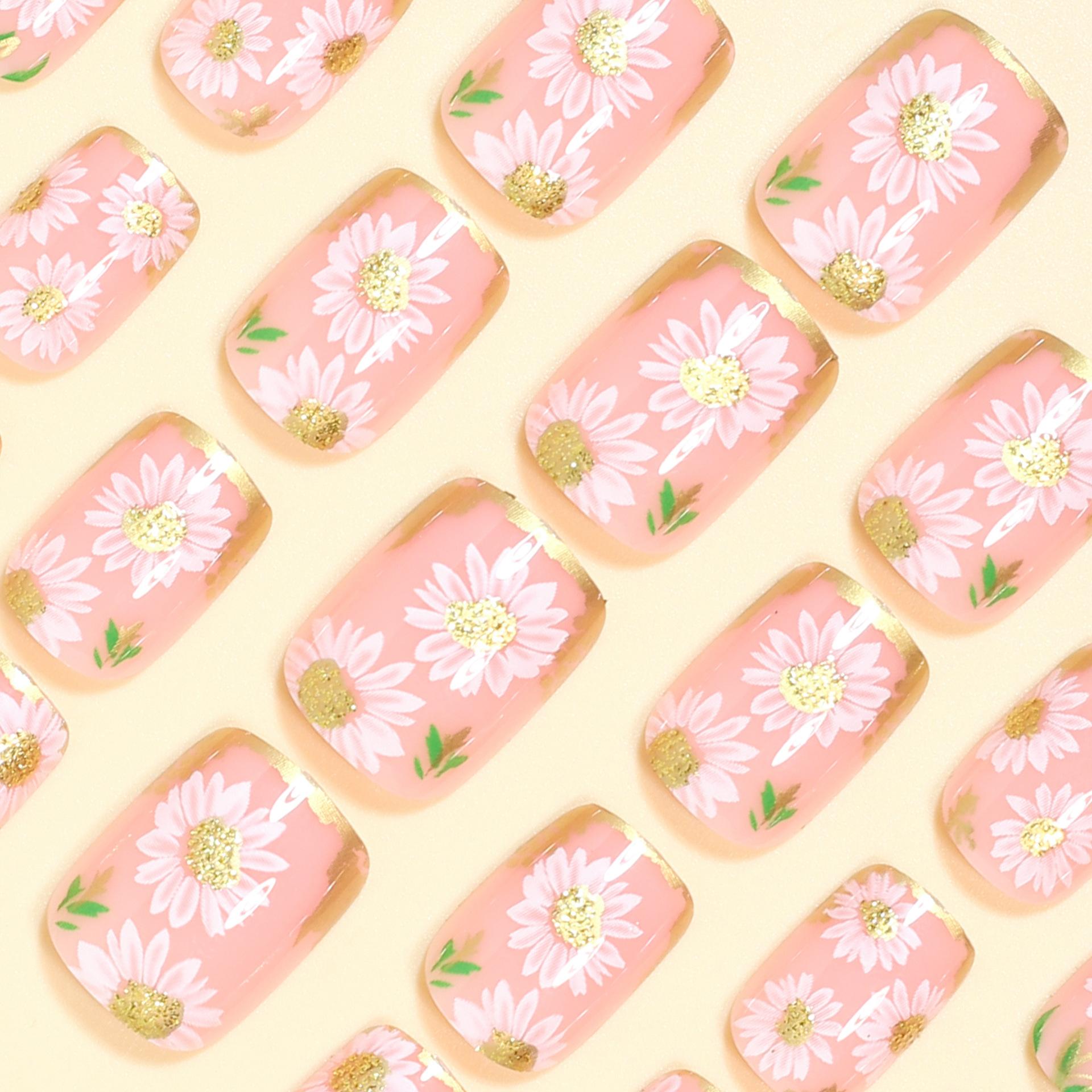Short Square fake nails golden – обзор и цена Pressed Flower Art